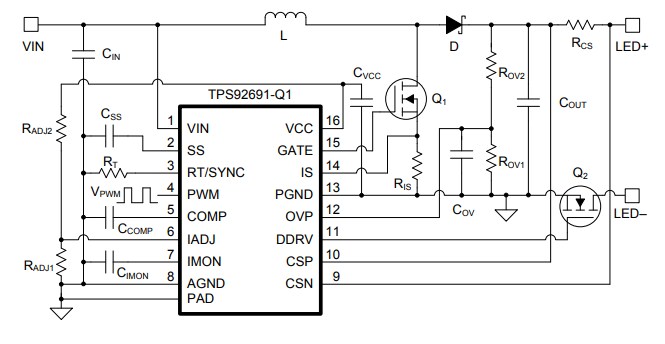 原理图 - Texas Instruments TPS92691/Q1多拓扑LED驱动器